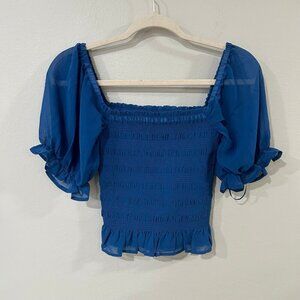 NWT Leyden Smocked Puff Sleeve Royal Blue Stretch Blouse Women's Size XS